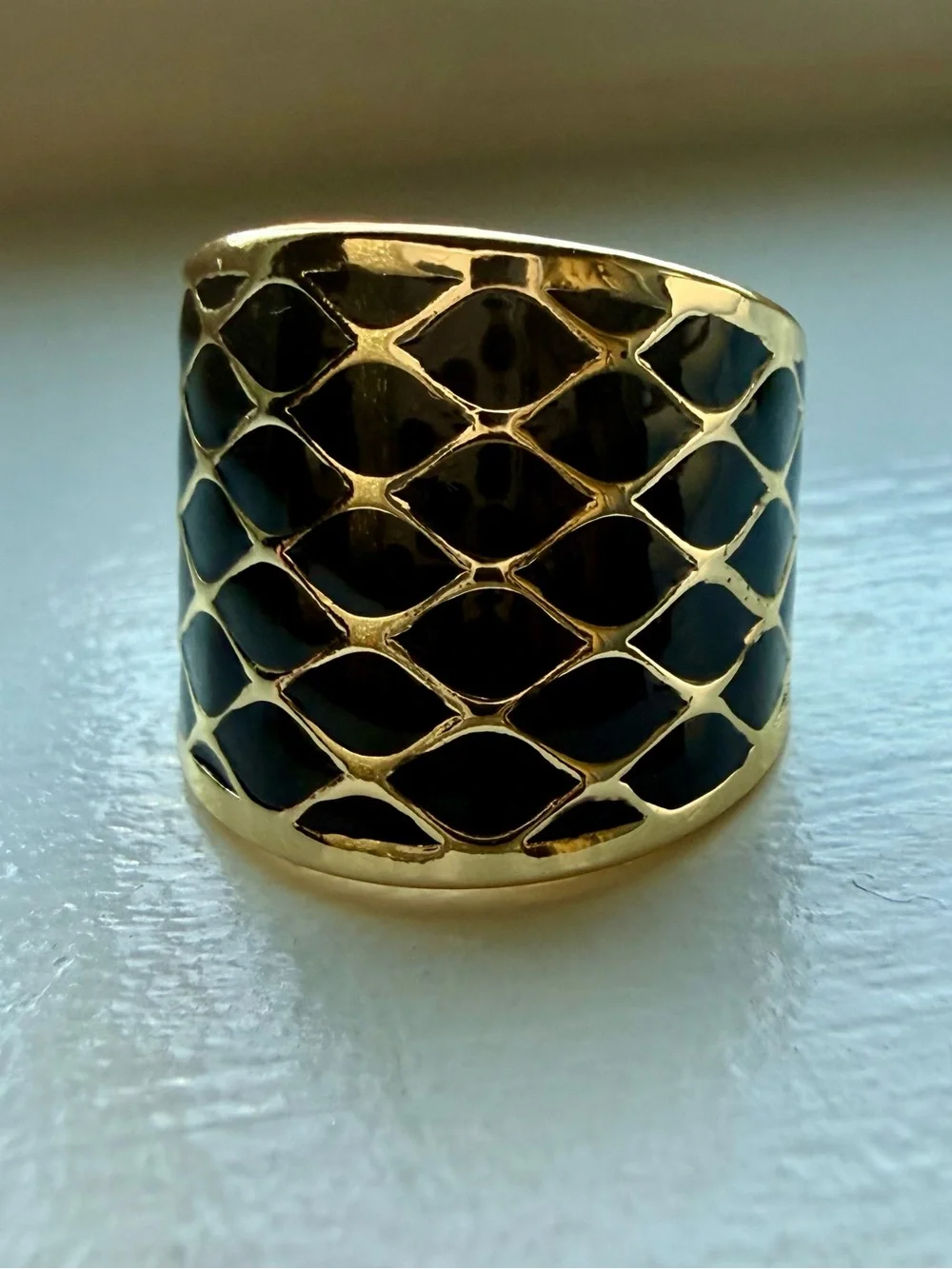 NEW! 18k Gold Plated & Black Enamel Wide Dome Ring - size 6.5